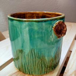 Turquoise Green Amber Yellow Brown Handmade Ceramic Kitchen Storage, Carved Texture Striped Grass Vase, Rustic Home Decor, Office Storage - thumbnail 4