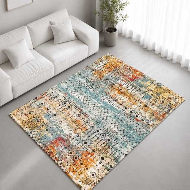 Blue Orange Distressed Tribal Pattern Rug Non-Slip Soft Area Carpet Bedroom Living Room Hallway Mat Decor - Made in UK - image 1
