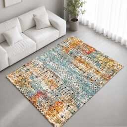 Blue Orange Distressed Tribal Pattern Rug Non-Slip Soft Area Carpet Bedroom Living Room Hallway Mat Decor - Made in UK - thumbnail 1