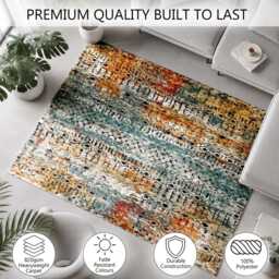 Blue Orange Distressed Tribal Pattern Rug Non-Slip Soft Area Carpet Bedroom Living Room Hallway Mat Decor - Made in UK - thumbnail 3
