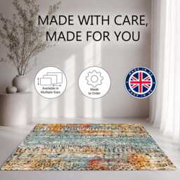 Blue Orange Distressed Tribal Pattern Rug Non-Slip Soft Area Carpet Bedroom Living Room Hallway Mat Decor - Made in UK - thumbnail 2