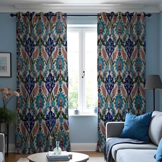 Blue & Orange Ikat Curtains, Bohemian Patterned Drapes, Mediterranean Style Window Panels, Custom Made Eyelet Or Rod Pocket Curtains - image 1