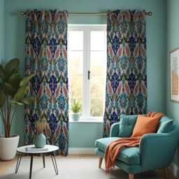 Blue & Orange Ikat Curtains, Bohemian Patterned Drapes, Mediterranean Style Window Panels, Custom Made Eyelet Or Rod Pocket Curtains - thumbnail 4