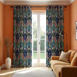 Blue & Orange Ikat Curtains, Bohemian Patterned Drapes, Mediterranean Style Window Panels, Custom Made Eyelet Or Rod Pocket Curtains - thumbnail 3