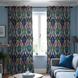 Blue & Orange Ikat Curtains, Bohemian Patterned Drapes, Mediterranean Style Window Panels, Custom Made Eyelet Or Rod Pocket Curtains