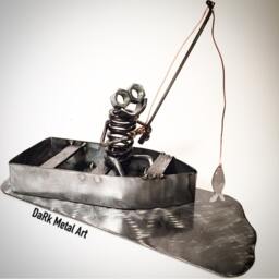 Scrap Metal Fisherman Sculpture Repurposed Art - thumbnail 2