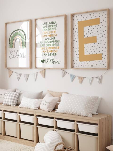 Set Of 3 Boys Nursery Prints, Affirmation, Bedroom Decor, Rainbow Print, Personalised, Playroom You Are Loved, Positive Wall Art - image 1