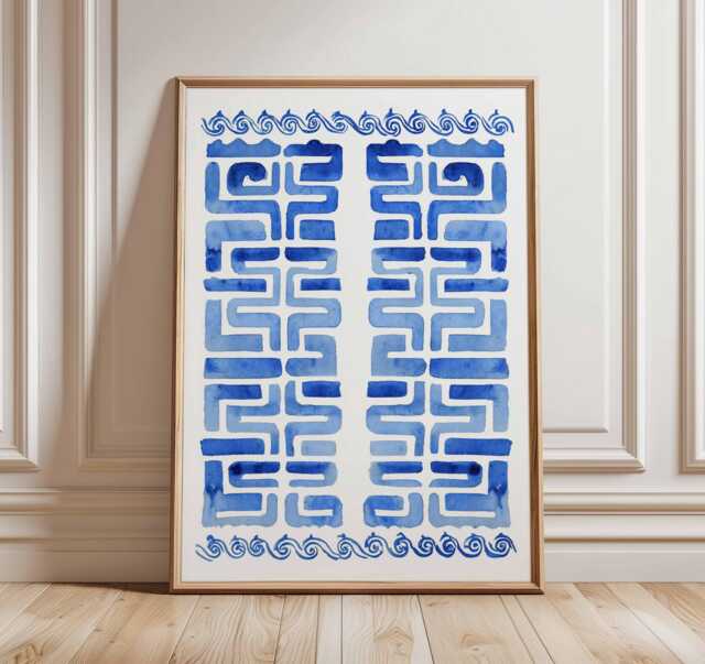 Blue Greek Pattern Art Print, Wall Art, Hellenic Geometric Poster, Mediterranean Decor, Ancient Greece Inspired Print - image 1