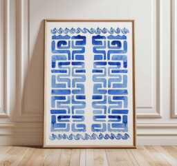 Blue Greek Pattern Art Print, Wall Art, Hellenic Geometric Poster, Mediterranean Decor, Ancient Greece Inspired Print - thumbnail 1