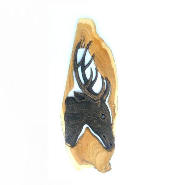 "Wood Carving Deer Head Hand Carved Stag Natural Teak Reindeer Wall Hanging Home Art Decor Handmade/Gift 23.5""x8.75" - image 1