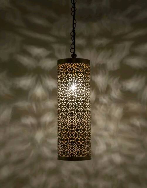 Handmade Moroccan Brass Pendant Light Engraved Cylinder Lamp - image 1