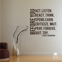 Before You Act Wall Decal Quote Ernest Hemingway - Vinyl Words Custom Home Decor - thumbnail 2