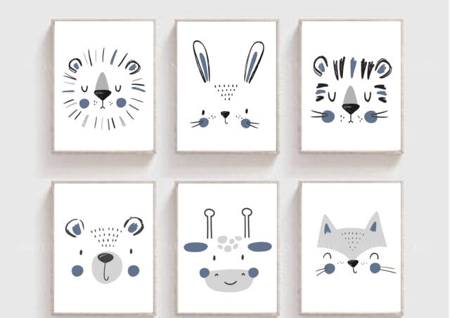Blue Scandi Prints, Nursery Decor, Boho Nursery, Kids Animal Playroom Wall Art - image 1