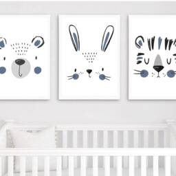 Blue Scandi Prints, Nursery Decor, Boho Nursery, Kids Animal Playroom Wall Art - thumbnail 2