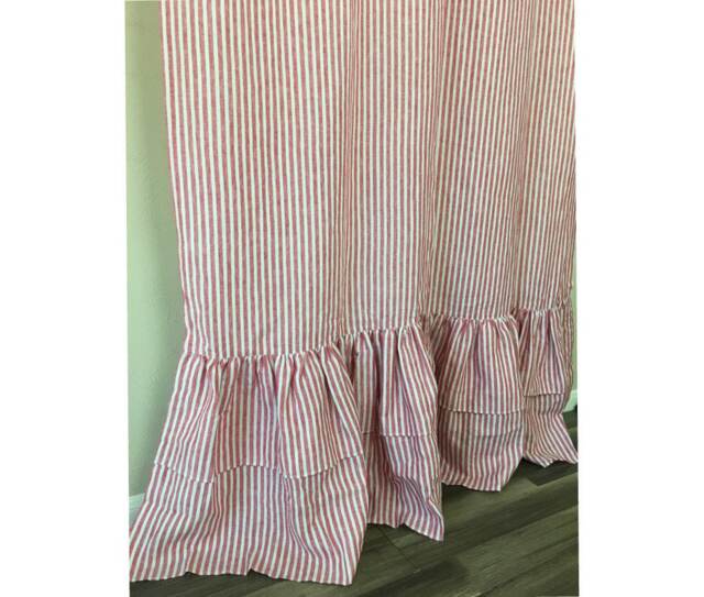Red & White Striped Shower Curtain With 2-Tiered Mermaid Long Ruffles, Eye Feast, 72x72, 72x85, 72x94, Or Custom Size, Extra - image 1