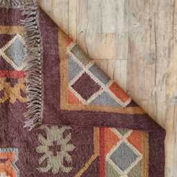 Wool Jute Flatweave Rug - Handwoven Tribal Floral Kilim Carpet For Living Room & Bedroom - thumbnail 3