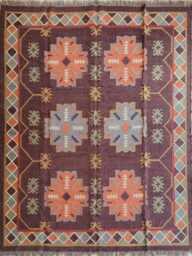 Wool Jute Flatweave Rug - Handwoven Tribal Floral Kilim Carpet For Living Room & Bedroom - thumbnail 1