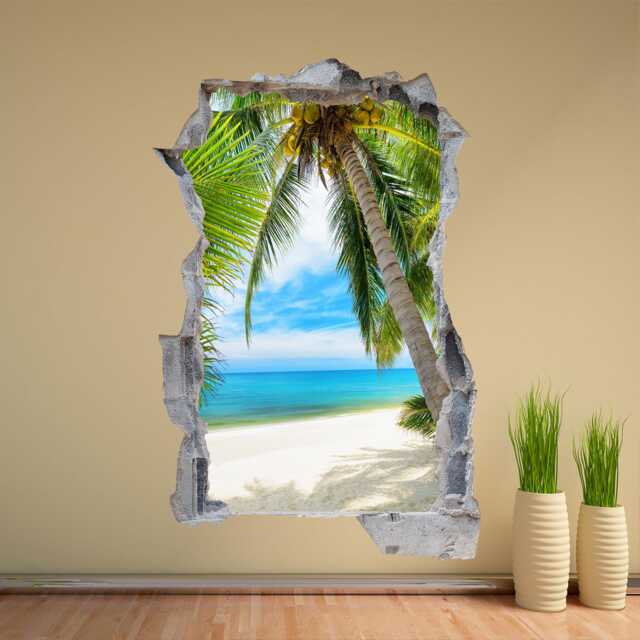 Tropical Beach Wall Decal Sticker - Palm Tree Mural Summer Ocean View Art For Home Office Decor - Ka26 - image 1