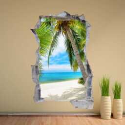Tropical Beach Wall Decal Sticker - Palm Tree Mural Summer Ocean View Art For Home Office Decor - Ka26 - thumbnail 1