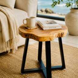 Handmade Teak & Black Gold Resin Coffee Table - Round Live Edge Side - thumbnail 2