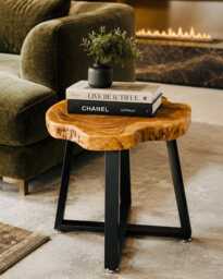 Handmade Teak & Black Gold Resin Coffee Table - Round Live Edge Side