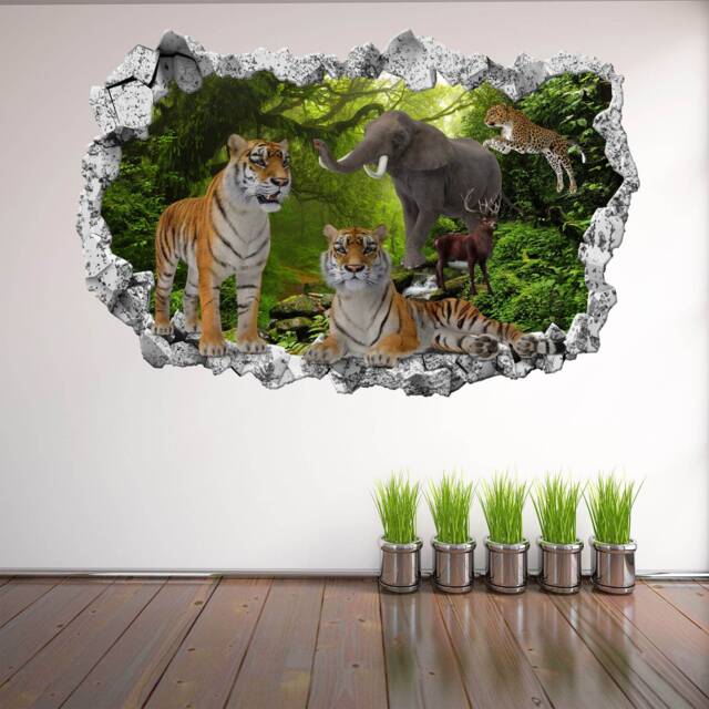 Tiger Elephant Tropical Forest Tree Wildlife Wall Decal Sticker Mural Poster Print Art Home Decor Wild Animal Jungle Kr7 - image 1