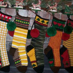 Hand Knit Christmas Stocking Gold Red Brown Horizontal Stripe Fir Tree Detail By Santa's Works - thumbnail 4