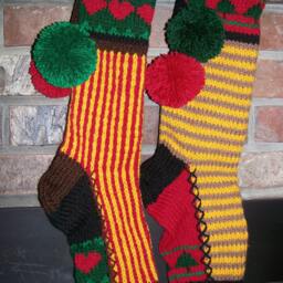 Hand Knit Christmas Stocking Gold Red Brown Horizontal Stripe Fir Tree Detail By Santa's Works - thumbnail 2