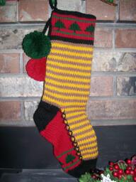 Hand Knit Christmas Stocking Gold Red Brown Horizontal Stripe Fir Tree Detail By Santa's Works