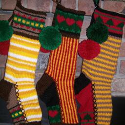 Hand Knit Christmas Stocking Gold Red Brown Horizontal Stripe Fir Tree Detail By Santa's Works - thumbnail 3