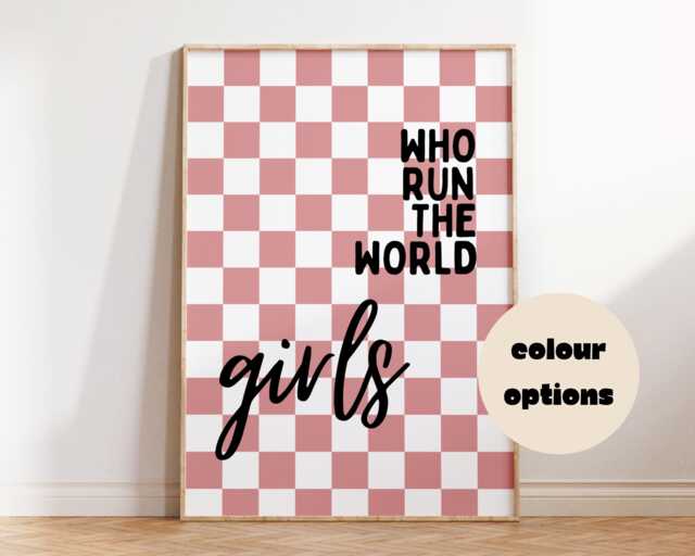 Who Run The World Girls - Girl Power Childrens Wall Art Kids Poster Playroom Bedroom Nursery Check Print Pink Quotes Affirmation - image 1
