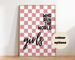 Who Run The World Girls - Girl Power Childrens Wall Art Kids Poster Playroom Bedroom Nursery Check Print Pink Quotes Affirmation - thumbnail 1