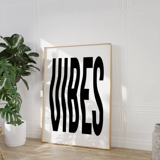 Vibes Wavy Text Typography Art Print - Retro Trendy Typograpic, Bold Quote, Black White Beige, Living Room Poster, Fun Funky 90S - image 1