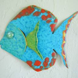 Handmade Metal Fish Wall Art Upcycled Sculpture, Blue Turquoise Orange, 7x9 - thumbnail 3