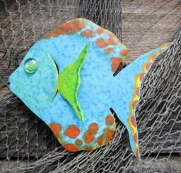 Handmade Metal Fish Wall Art Upcycled Sculpture, Blue Turquoise Orange, 7x9 - thumbnail 1