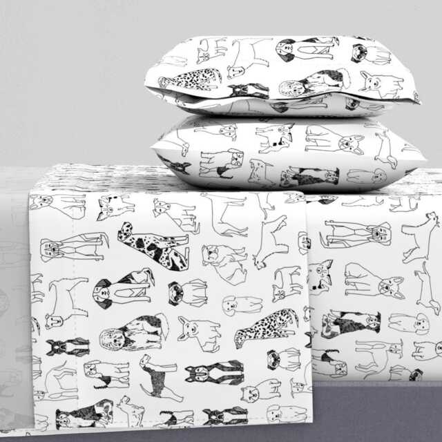 Dog Illustration Sheets - Black & White Dogs By Andrea_Lauren Puppy Great Dane Dalmatian Cotton Sateen Sheet Set Bedding Spoonflower - image 1