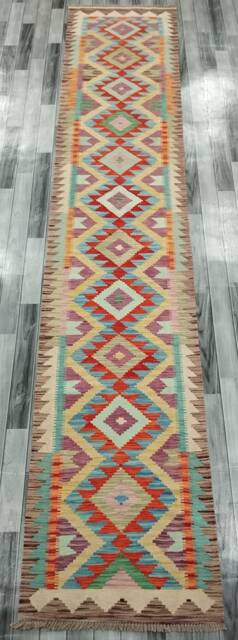 Traditional Runner Rug, Handmade Artisan Afghan Turkish Aztec Navajo Wool Kilim Rug 394x77 cm - image 1