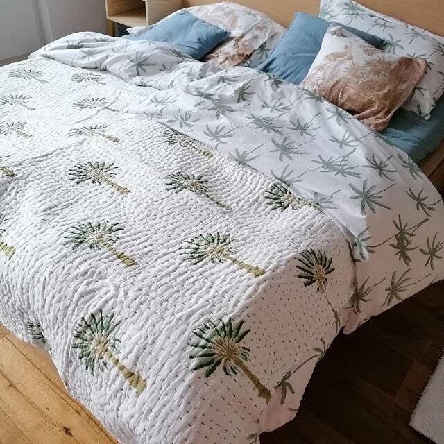 Beautiful Green Palm Tree Quilt, Hand Block Printed 100% Cotton Kantha Handmade Blanket, Indian Quilt Ckq#056 - image 1