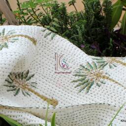 Beautiful Green Palm Tree Quilt, Hand Block Printed 100% Cotton Kantha Handmade Blanket, Indian Quilt Ckq#056 - thumbnail 2