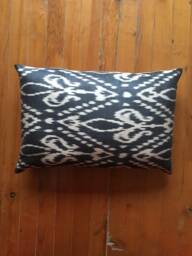 Handwoven Silk Ikat Pillow Cover Black & Beige Fleur De Lis Cushion - thumbnail 1