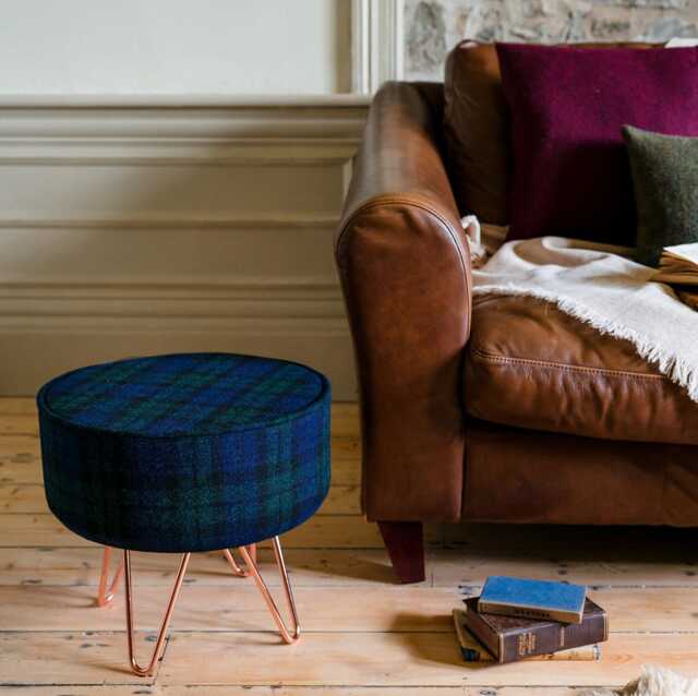 Harris Tweed Black Watch Tartan Footstool With Steel Hairpin Legs - image 1