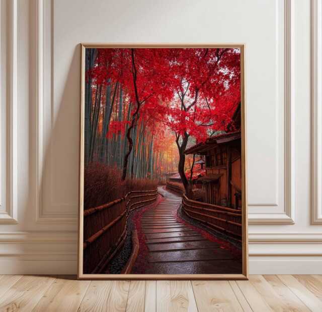 Japanese Autumn Pathway Poster, Red Maple Leaves & Bamboo Forest Wall Art, Tranquil Kyoto Garden Print - image 1