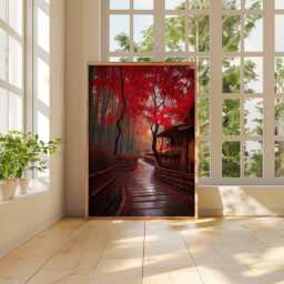 Japanese Autumn Pathway Poster, Red Maple Leaves & Bamboo Forest Wall Art, Tranquil Kyoto Garden Print - thumbnail 3