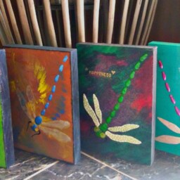 Acrylic Dragonfly Painting On Wood Pearl Wings, Rhinestone Eyes - thumbnail 2