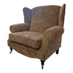 Snuggle Wing Back Chair -Camel Jumbo Cord Fabric - Dark Wood Brass Castor Legs - thumbnail 4