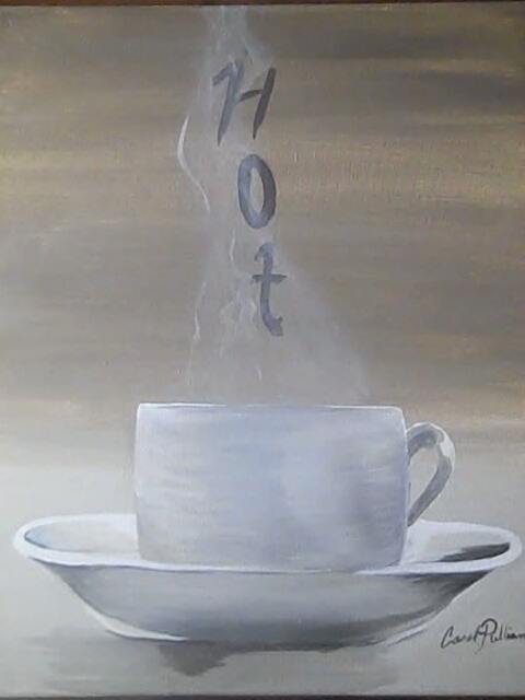 Coffee Cup White On A Tan Background With Lettering & Hit Steam Rising Original Painting - image 1