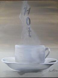 Coffee Cup White On A Tan Background With Lettering & Hit Steam Rising Original Painting - thumbnail 1