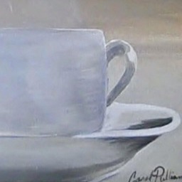 Coffee Cup White On A Tan Background With Lettering & Hit Steam Rising Original Painting - thumbnail 2