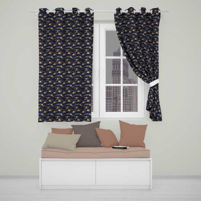 Golden Moon Ocean Waves Abstract Night Seamless Pattern Readymade Eyelet Ring Top Thermal 100% Blackout Curtains - image 1