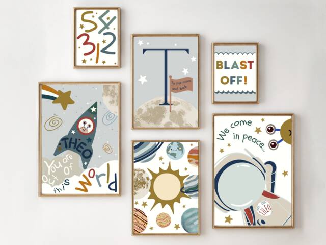 Set Of Space Prints For A Boys Room Or Nursery, Including Personalised Initial & Rocket Print - Prints Only - image 1